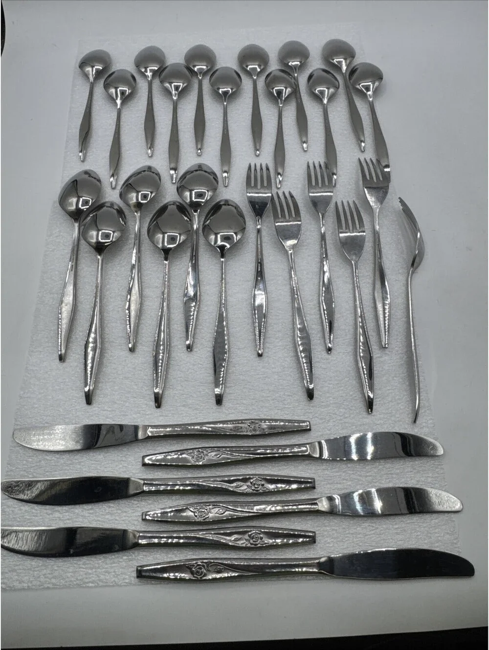Vintage MCM 30pc Spritely Rose Stainless Steel Flatware Creative Manor M Japan